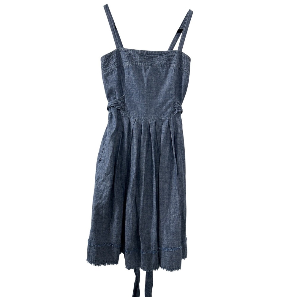 Chambray Pleated Sun Dress S Blue Frayed Hem Tie Waist Cottagecore Coastal Boho